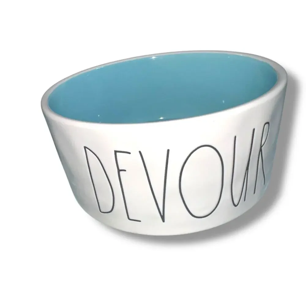 Rae Dunn Pet Dog Cat Dishes Food Bowls Nibble Devour Ceramic White Black Blue
